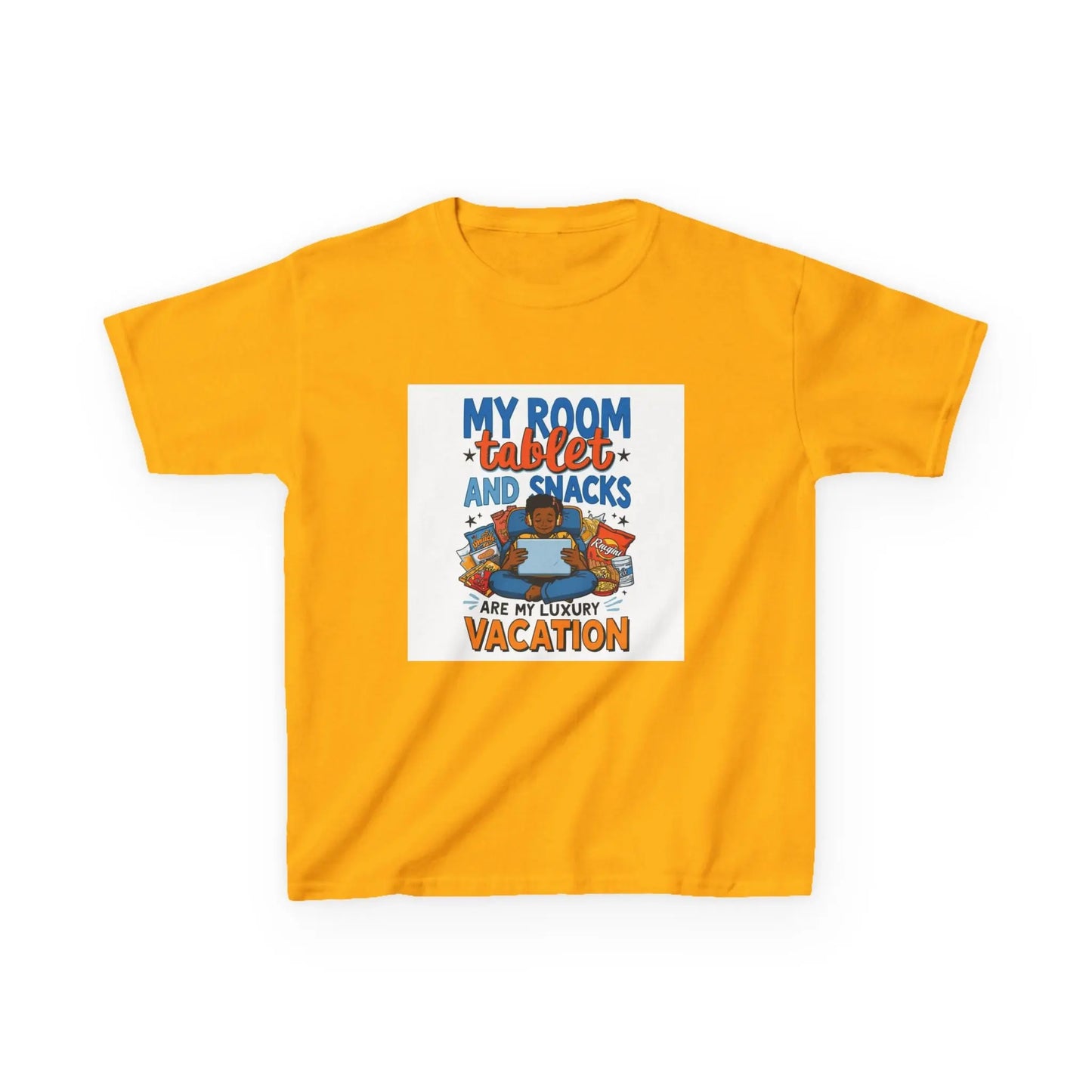 “My Room, Tablet and Snacks Are My Luxury Vacation” - Kids Autism Awareness T-Shirt Printify