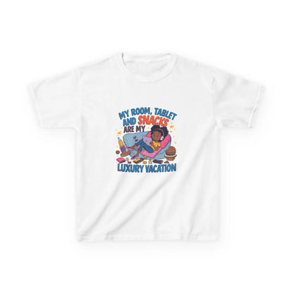 "My Room, Tablet and Snacks Are My Luxury Vacation" - Kids Autism Awareness T-Shirt Printify