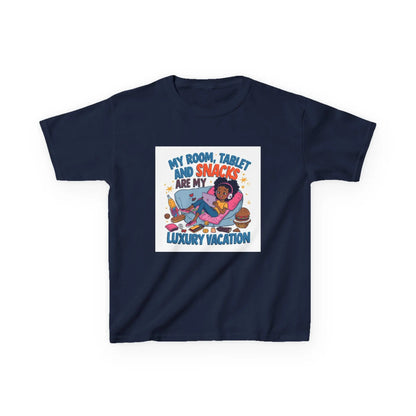 "My Room, Tablet and Snacks Are My Luxury Vacation" - Kids Autism Awareness T-Shirt Printify