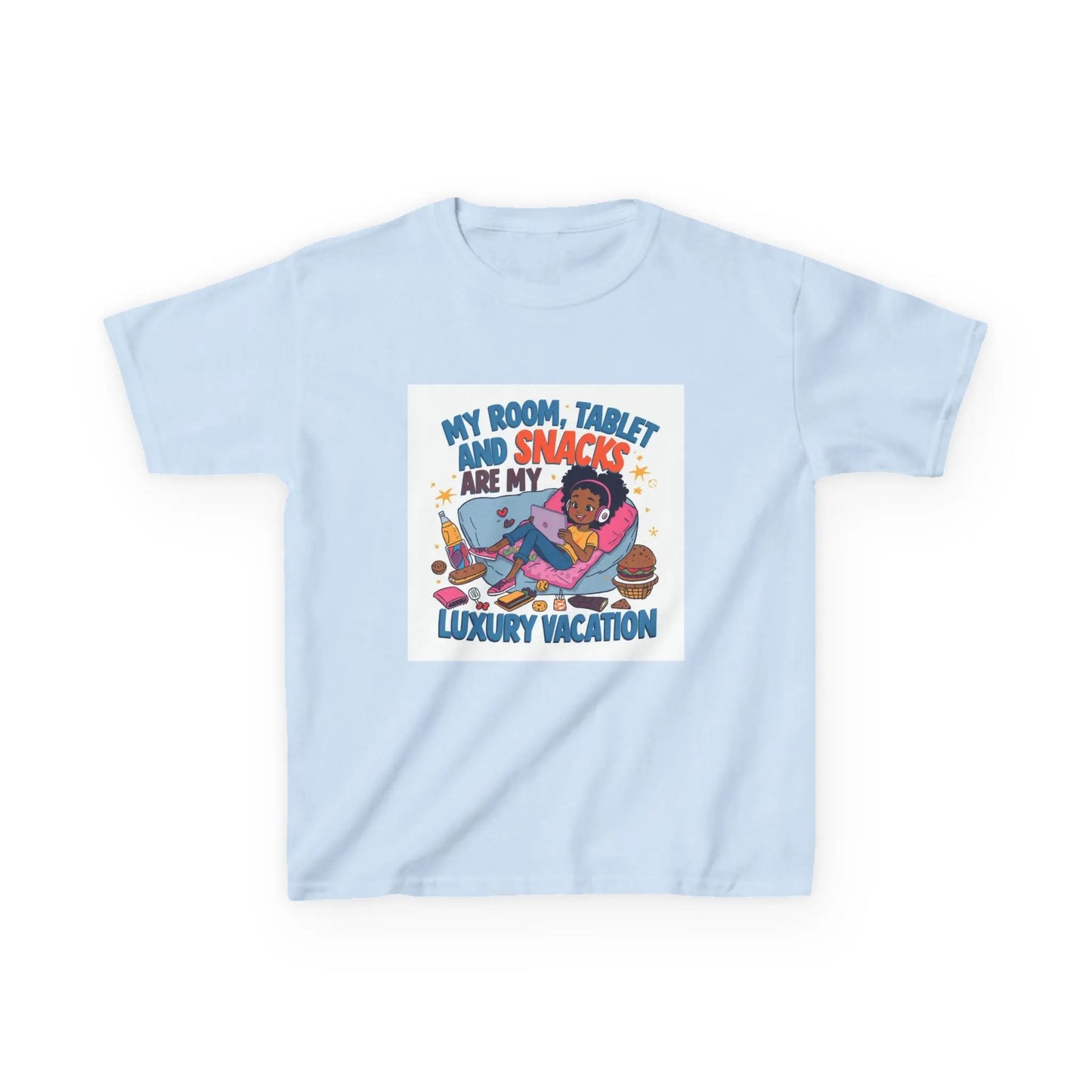 "My Room, Tablet and Snacks Are My Luxury Vacation" - Kids Autism Awareness T-Shirt Printify