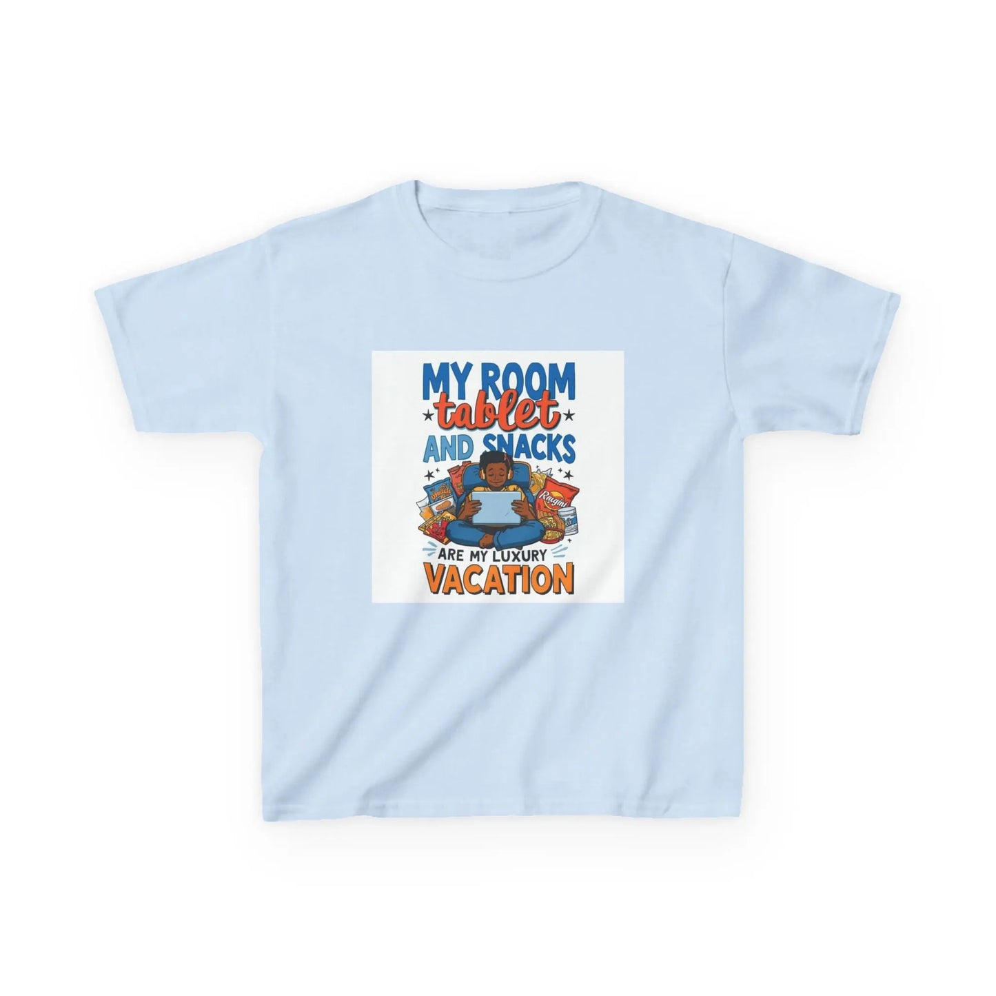 “My Room, Tablet and Snacks Are My Luxury Vacation” - Kids Autism Awareness T-Shirt Printify