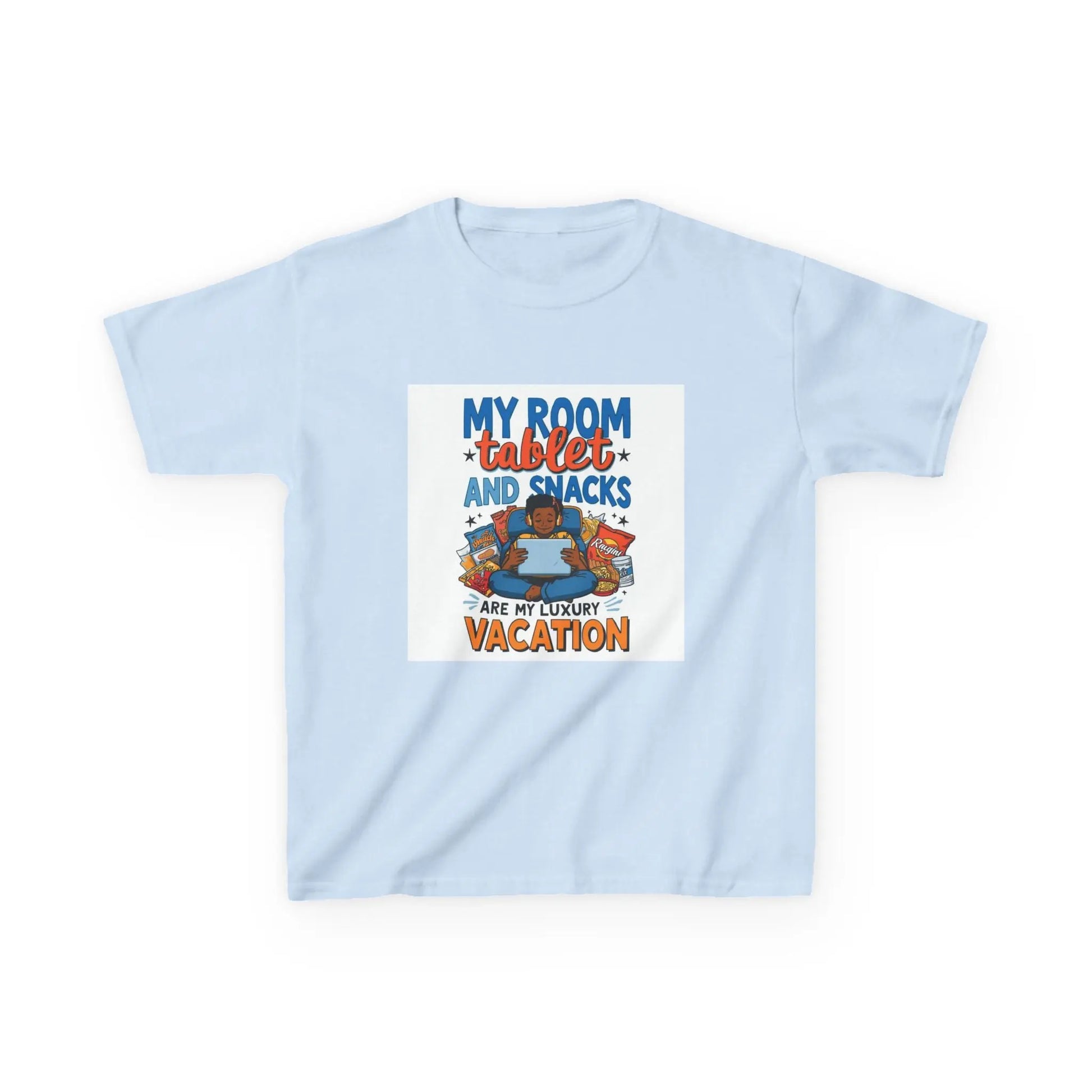 “My Room, Tablet and Snacks Are My Luxury Vacation” - Kids Autism Awareness T-Shirt Printify
