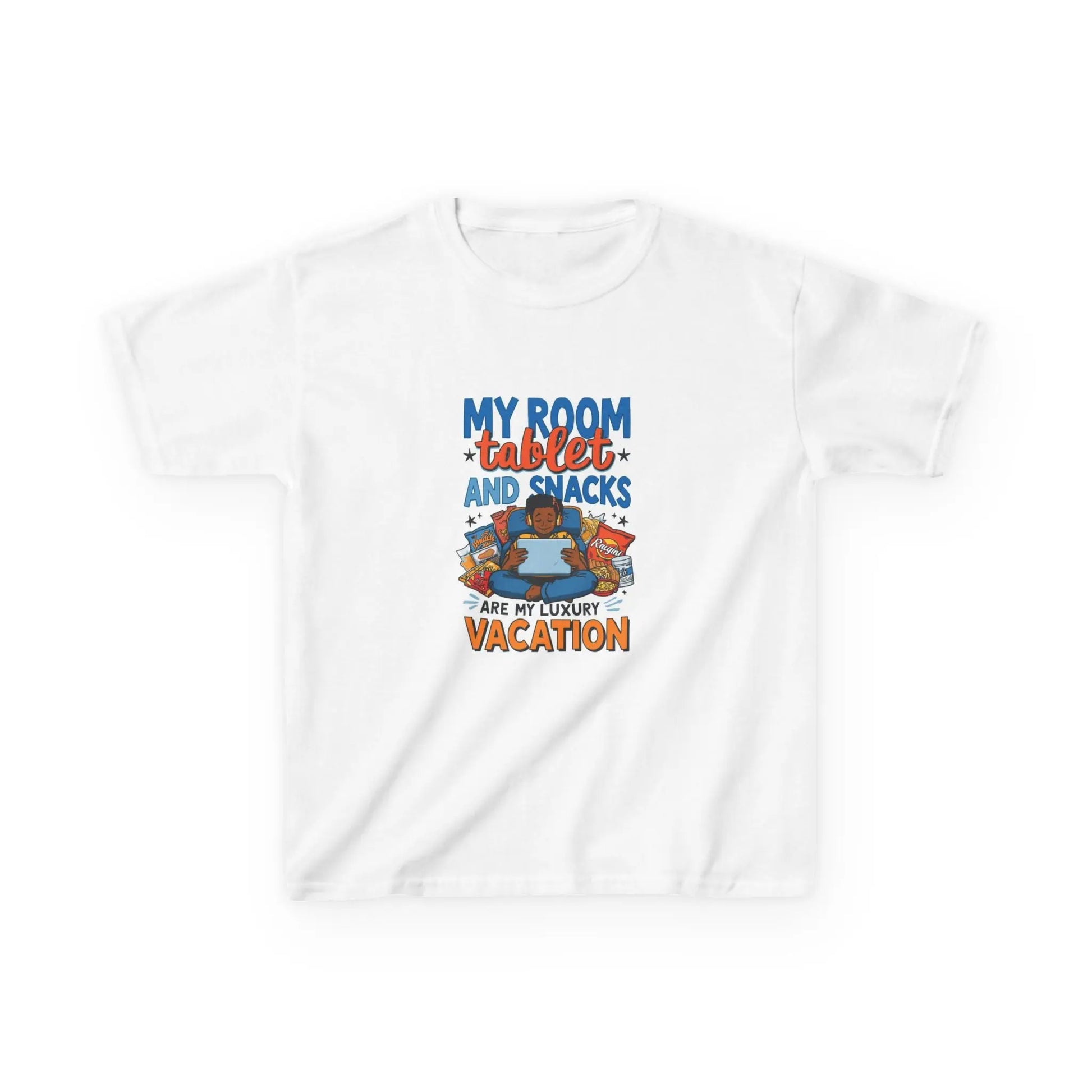 “My Room, Tablet and Snacks Are My Luxury Vacation” - Kids Autism Awareness T-Shirt Printify