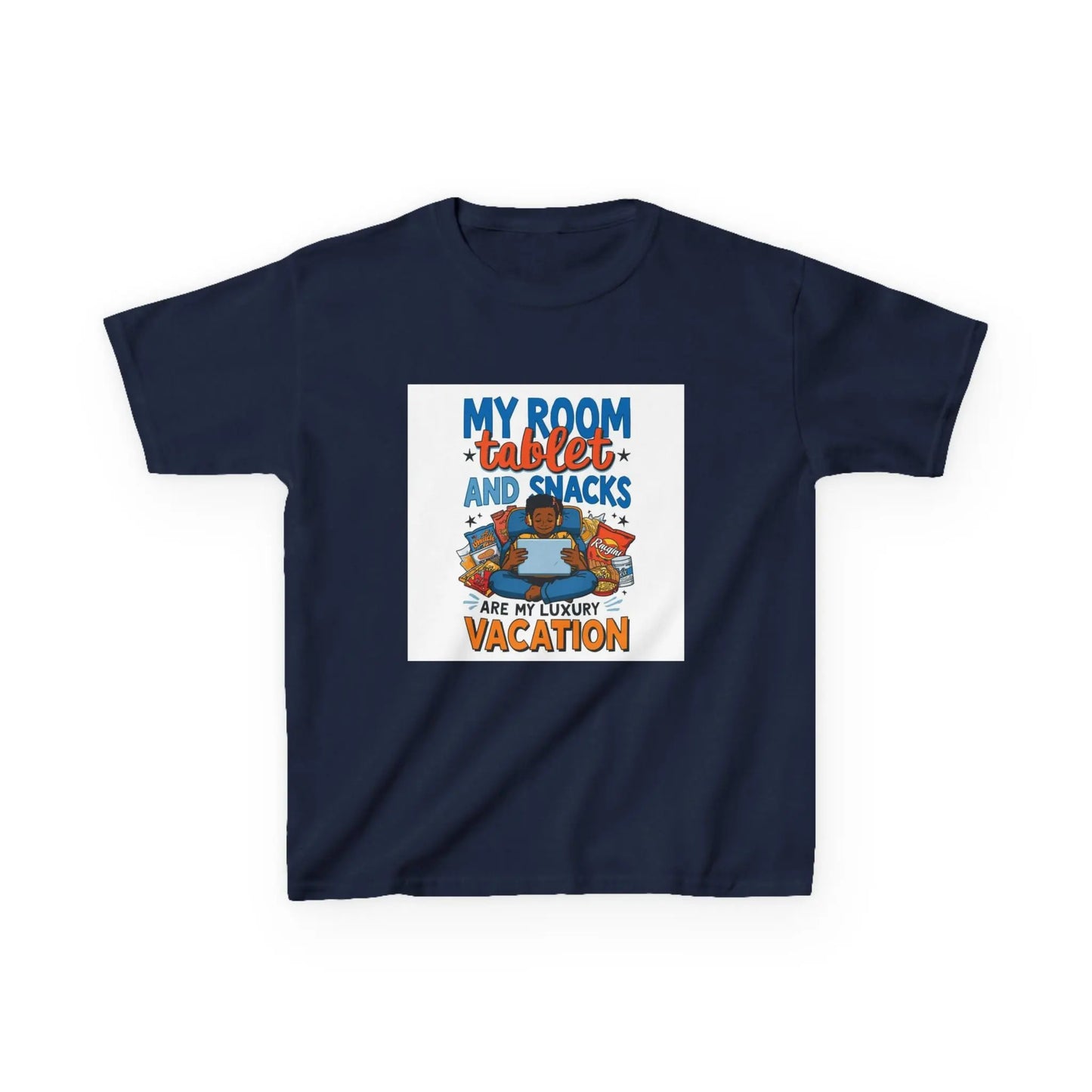 “My Room, Tablet and Snacks Are My Luxury Vacation” - Kids Autism Awareness T-Shirt Printify